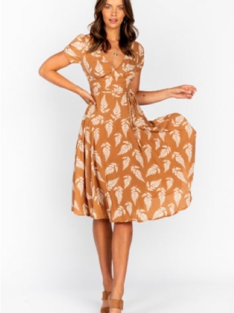 Cupshe Rust Leaf Print Wrap Midi Dress